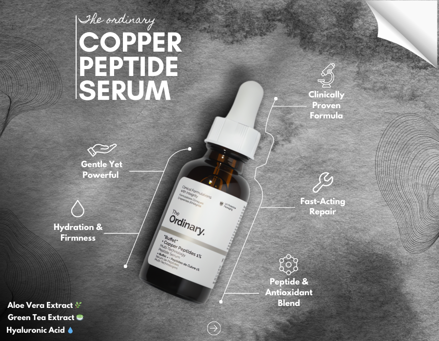 Copper Peptide Serum boosts collagen, firms, and repairs skin; it is anti-aging, hydrating, and promotes a radiant glow.