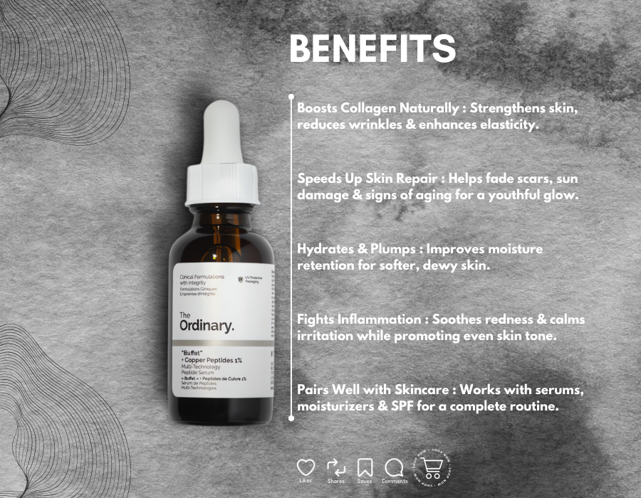 Copper Peptide Serum boosts collagen, firms, and repairs skin; it is anti-aging, hydrating, and promotes a radiant glow.